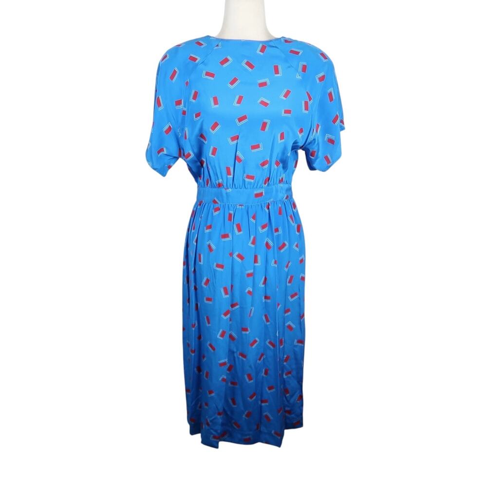 Vintage 80s Silk Studio Blue and Red Geo Print Silk Midi Dress 12